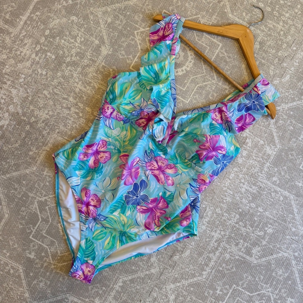 Stella Parker One Piece Swimsuit Womens 18W Turquoise Floral Ruffle V-Neck